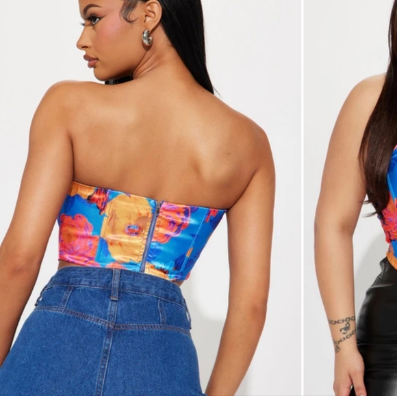 FASHION NOVA Satin Callin' For You Floral Corset Top - Blue/combo. S NWT - Picture 4 of 13